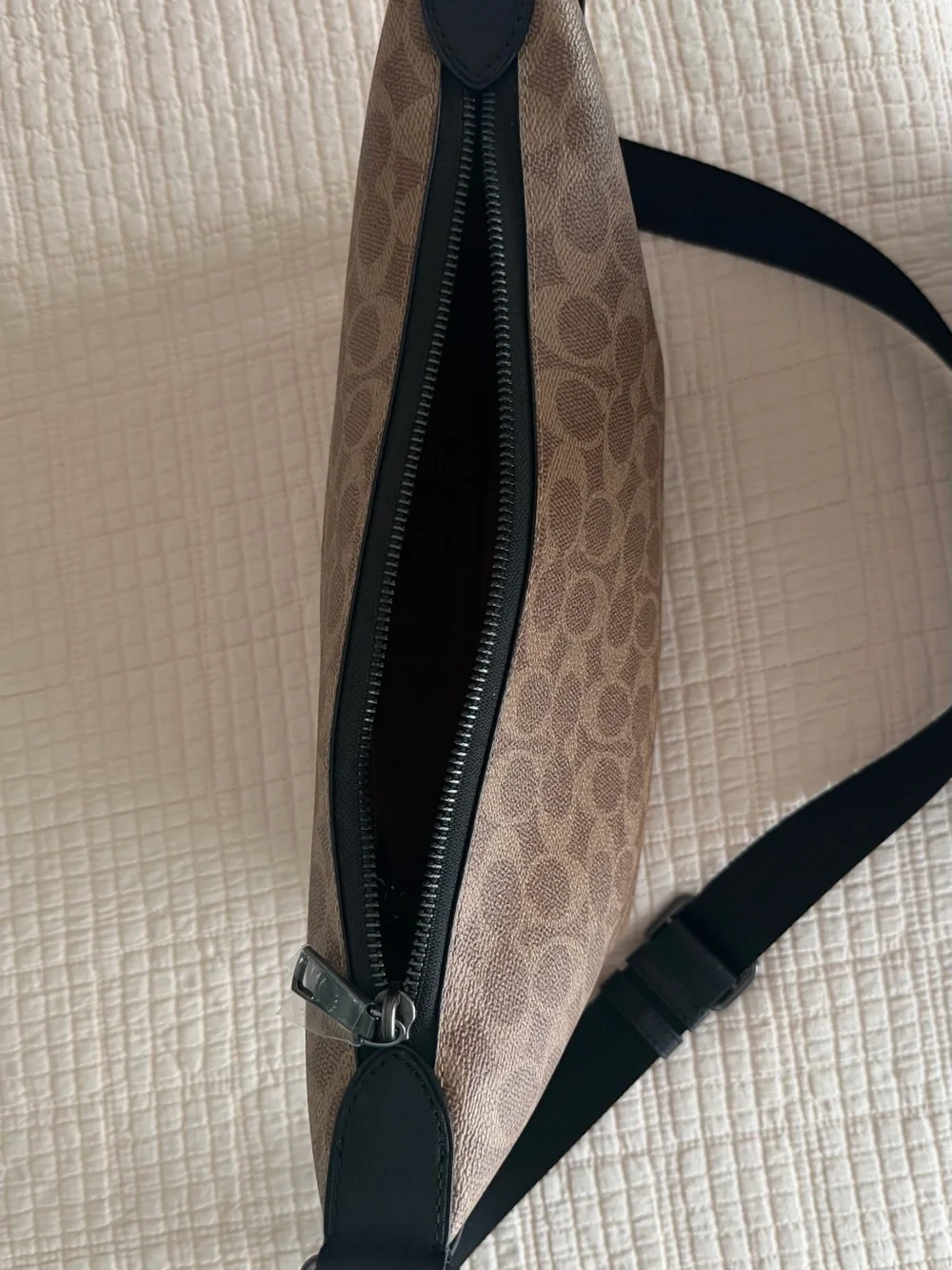 New Coach Brown Signature Canvas Messenger Bag with Black Trim - NWOT.